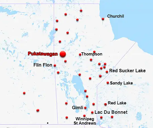 Map showing the location of Pukatawagan in Manitoba